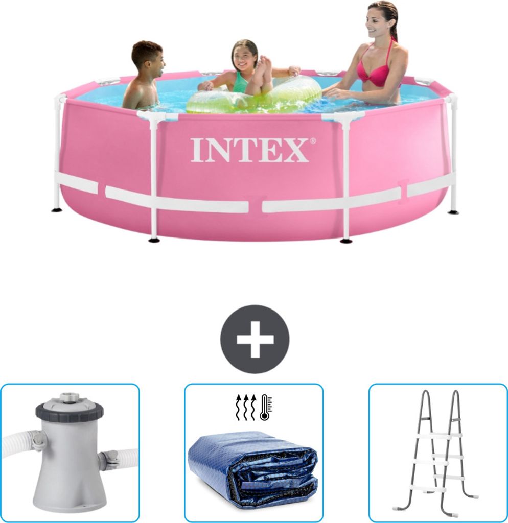 Intex-Schwimmbecken mit rundem Rahmen – 244 x 76 cm – Rosa – im Lieferumfang enthalten Filterpumpe für Schwimmbad - Sonnensegel - Leiter