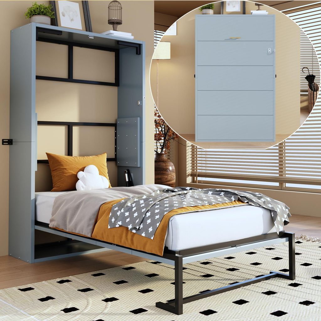 Merax Tagesbett Murphy-Bett 90x200 cm mit Metallrahmen, platzsparendes Faltbett mit Lattenrost, Kinderbett mit Verriegelbarer Wandbefestigung, Grau