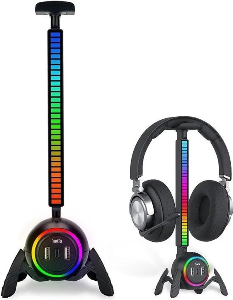 Support casque RGB rotatif avec hub USB 2.0 et base antidérapante PC