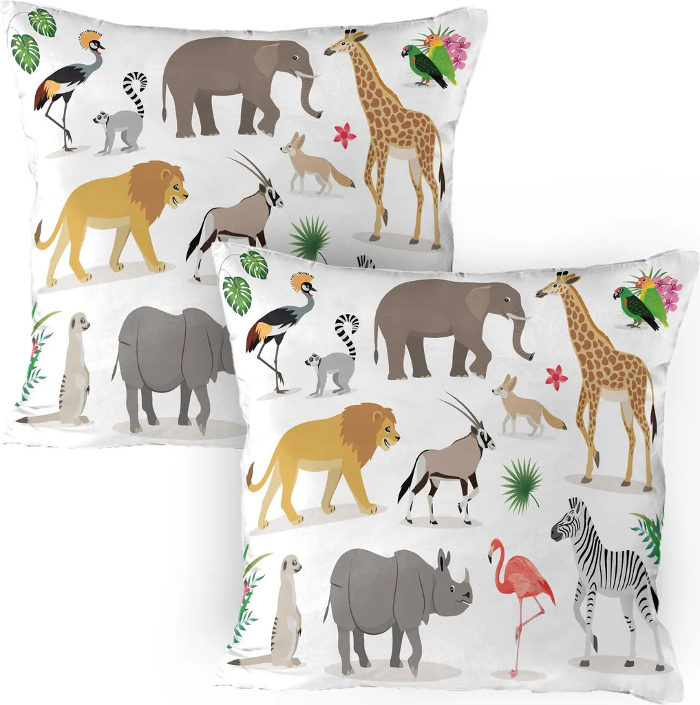 ABAKUHAUS Animali Federa per cuscino Confezione da 2, illustrazione di animali dello zoo giraffa elefante fenicottero zebra leone, federa per cuscino decorativa stampata, 80x80 cm, caramello chiaro verde lime