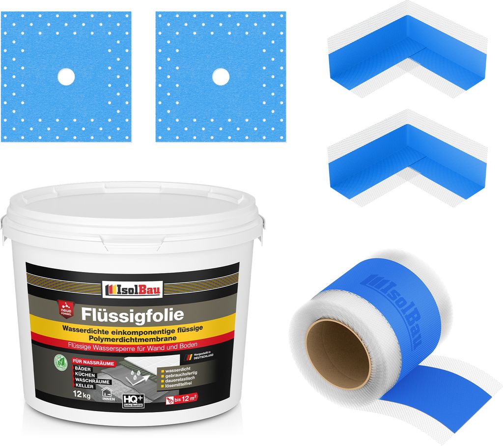 Isolbau Dicht-Set - Inkl. 1x Flüssigfolie (12 kg), 1x Dichtband (10 m), 2x Innenecken & 2x Manschetten