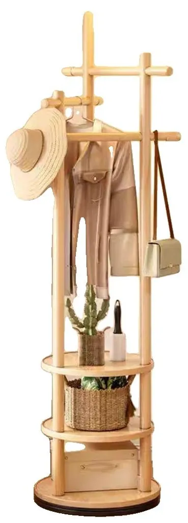 Portemanteau pivotant 360° en bois d'hévéa hauteur 178 cm avec 3 étagères