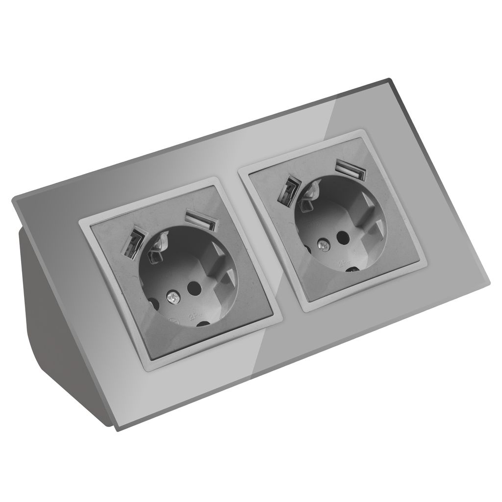 Glas Ecksteckdose 2-fach Steckdose mit USB Steckdosenblock 45° Verteilerdose silber.