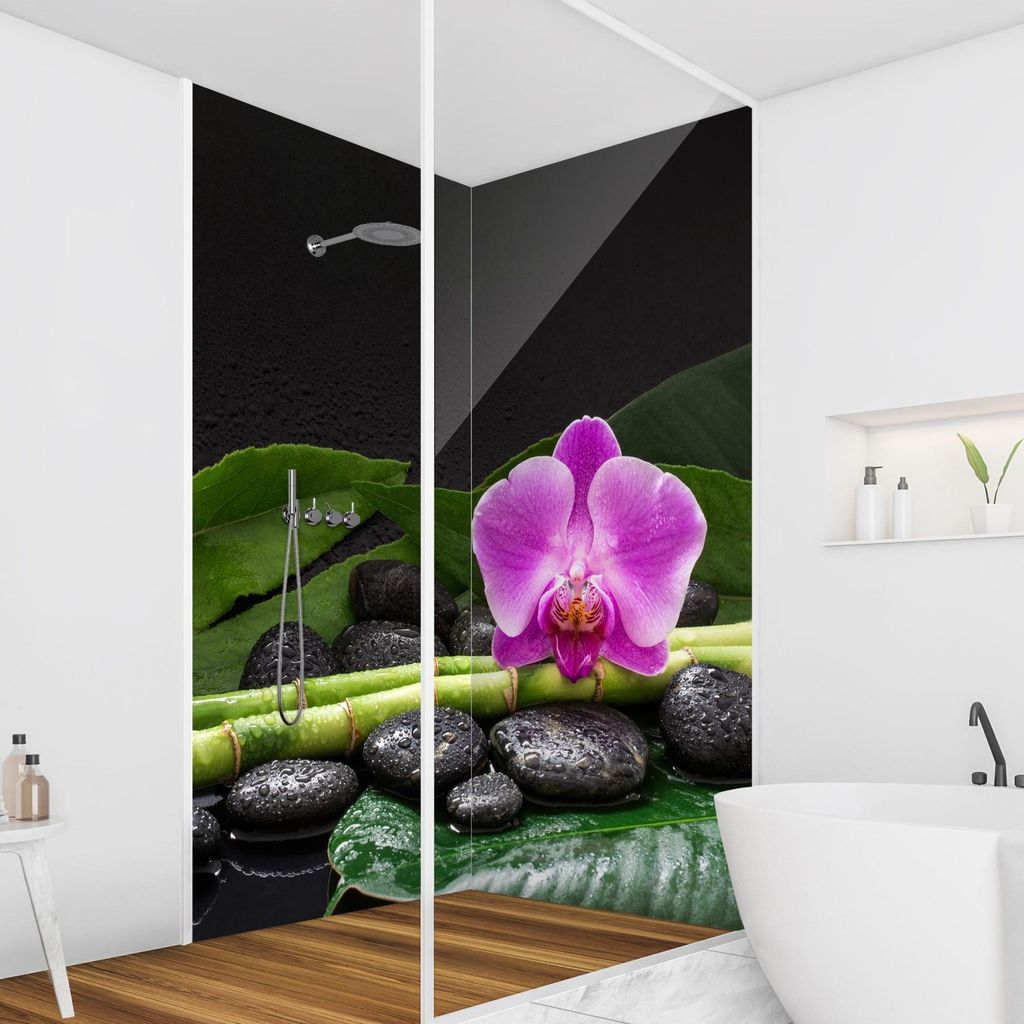 Duschrückwand Spirituell selbstklebend - 0.35 mm Wandpaneel wasserfest Orchidee grün Steinoptik Motiv Badrückwand fugenlos Smart matt 100x200 cm
