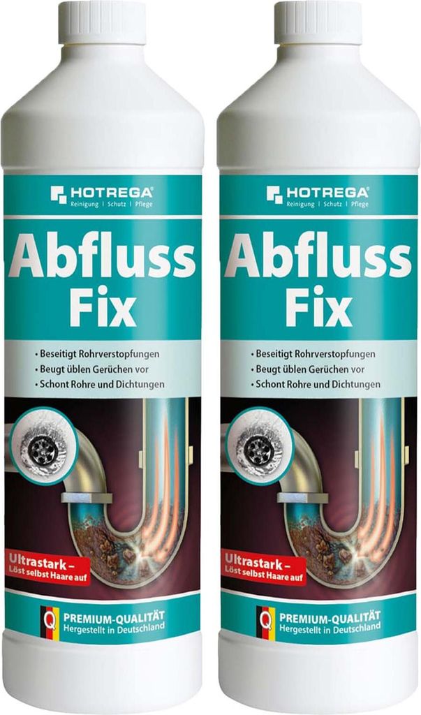 HOTREGA Abfluss Fix 1 L - Abfluss-Reiniger Konzentrat, gegen Rohrverstopfungen - 2 Stück