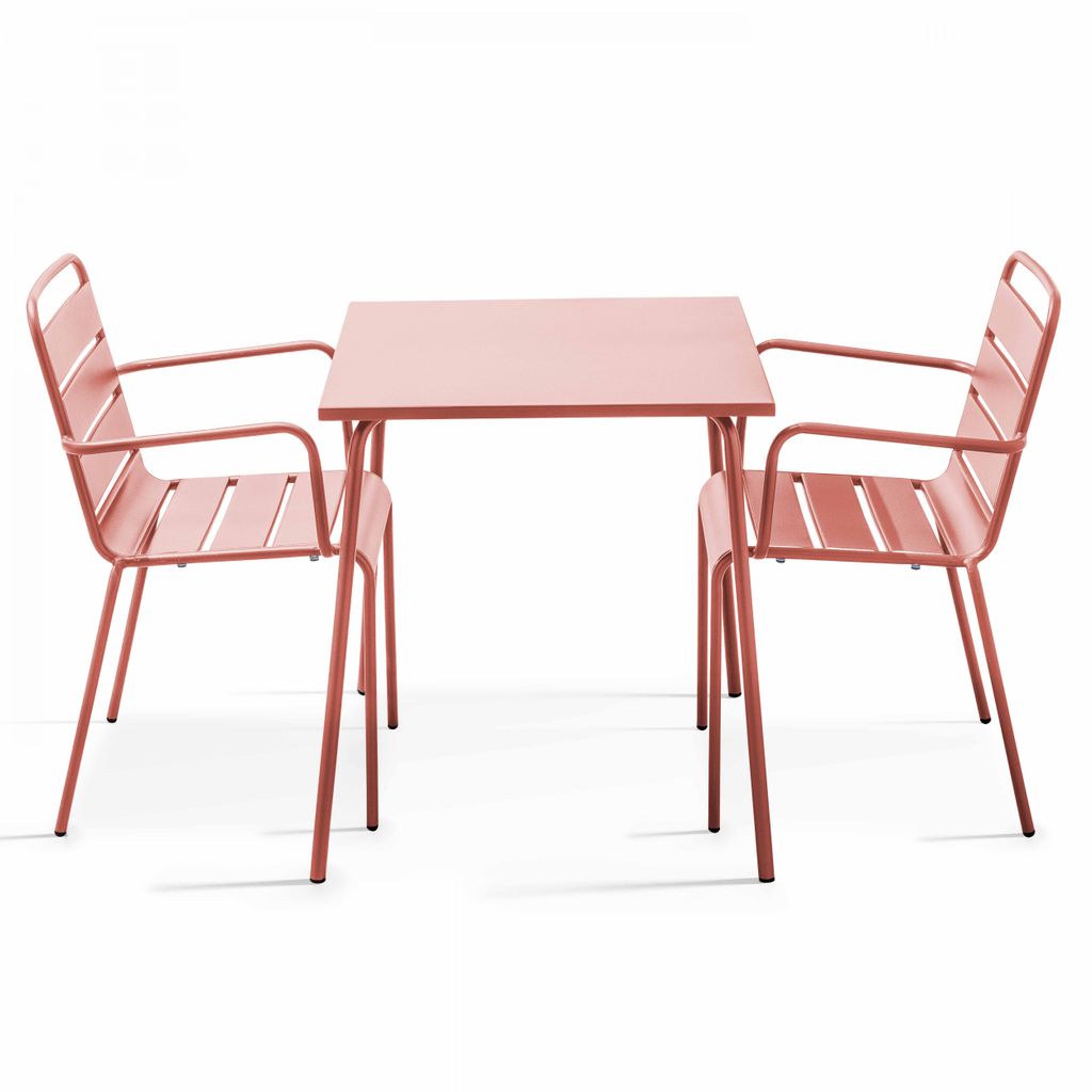 Bistrogartentisch und 2 Sessel aus pulverbeschichtetem Stahl Rosa - Oviala Palavas
