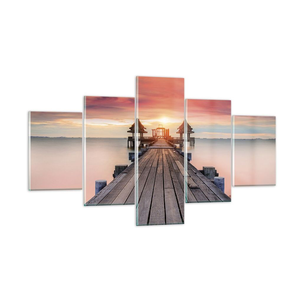 Bilder auf glas - 5 Teile - Brücke Holz Spaziergang - 125x70cm - Glasbilder - Wandbilder - Bilder - zum Aufhängen bereit - Wanddekoration aus Gla...
