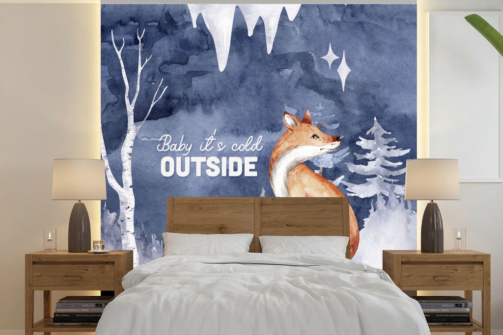 MuchoWow Fototapete für Wohnzimmer oder Schlafzimmer Wandtapete Vinyl Motivtapete Winter - Fuchs - Gemälde - 240x240 cm - Schlafzimmer-Tapete