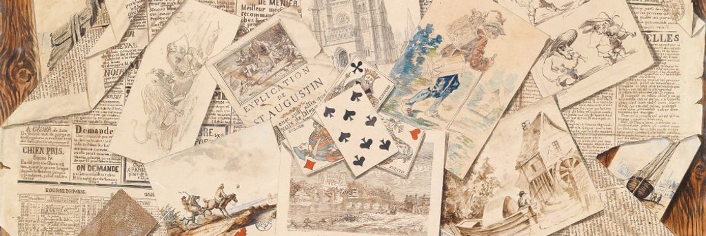 Zeitungen Kunstdruck Bild - Französische Zeitungs-Collage Mit Postkarten, Vintage Style (53 x 158 cm)