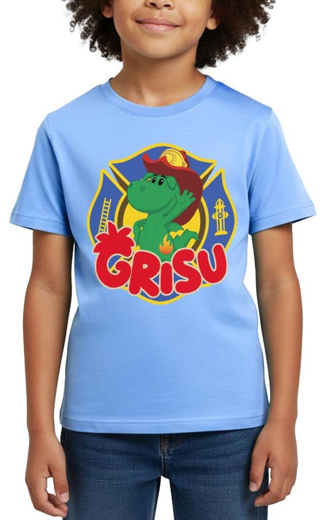 Spreadshirt Grisu Der Kleine Drache Als Feuerwehrsymbol Kinder T-Shirt, 98/104 (3-4 Jahre), Himmelblau