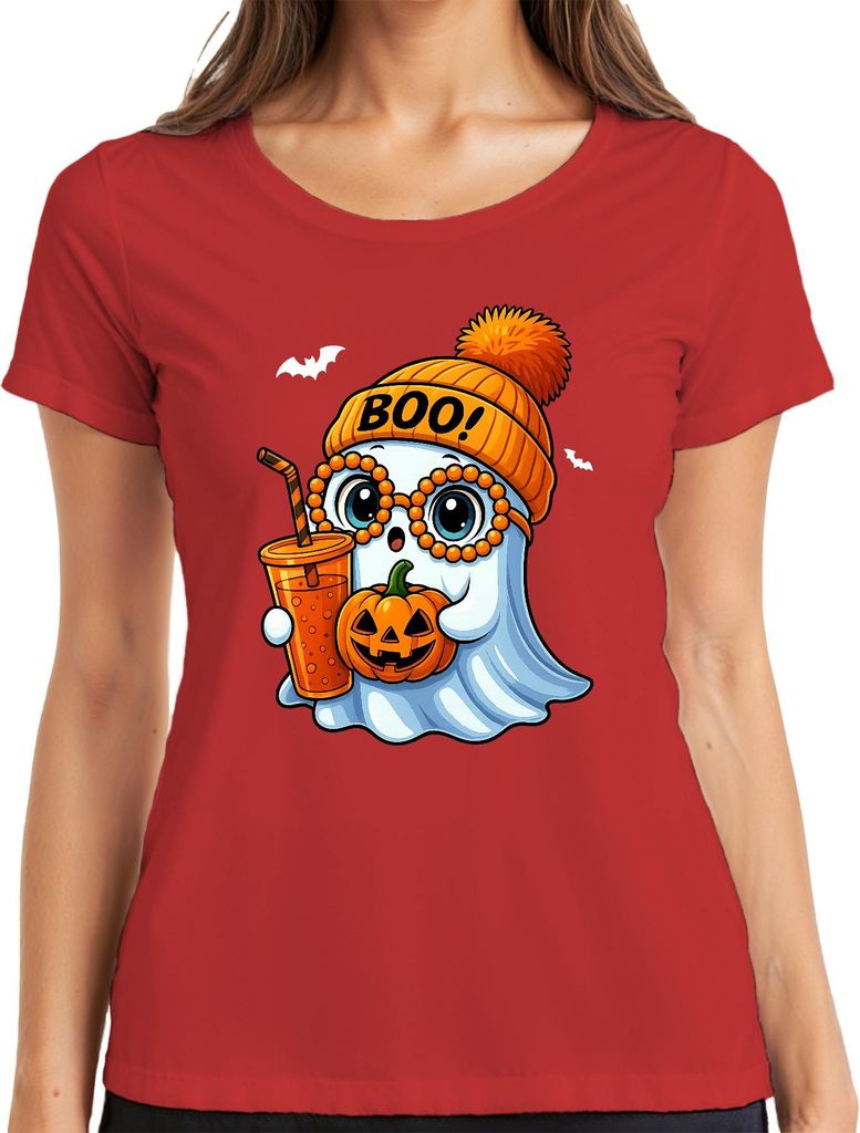 Halloween BOO Geist Kürbis SüßesOderSaures Niedlich Kinder Herbst Damen T-Shirt, Rot, L