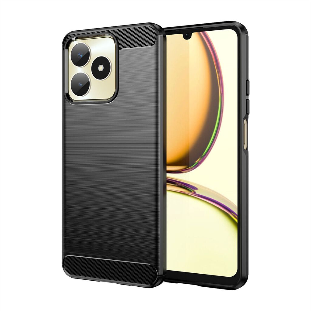 A black carbon fiber phone case is shown on a white background, with a portion of a smartphone screen visible.