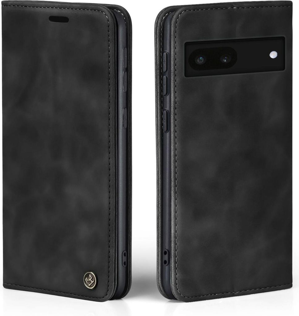 A black flip-style phone case for a Google Pixel 6a is shown from two angles.