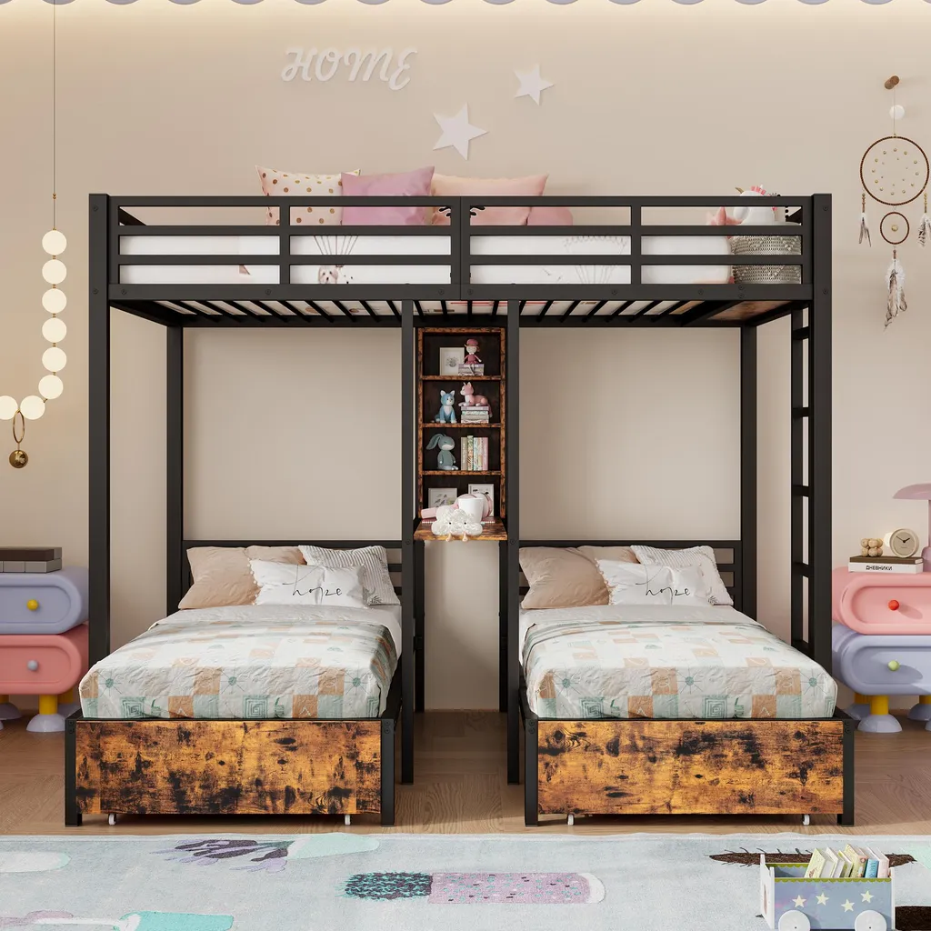 Lit mezzanine combiné pour adolescents en métal noir avec sommier