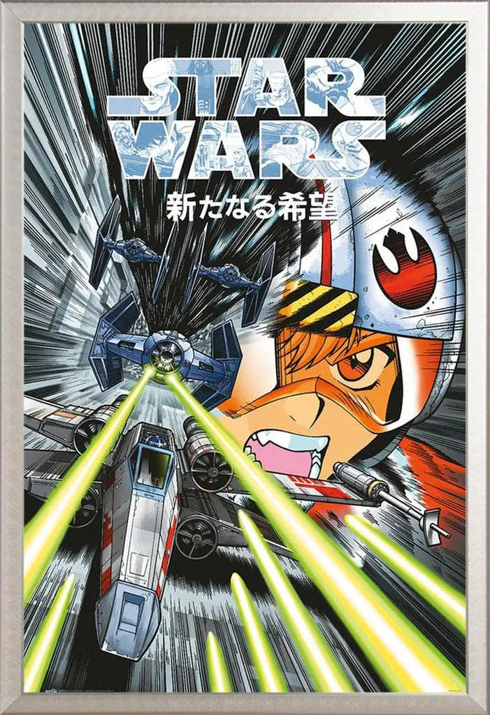 Star Wars - Poster - Manga Trench Run + cornice rimovibile, Shinsuke® Maxi alluminio argento, vetro acrilico