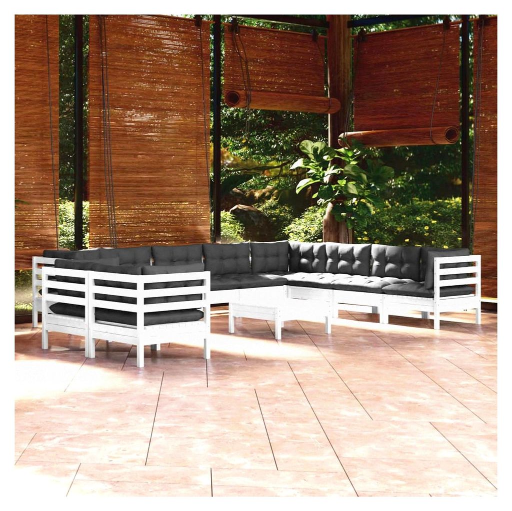 11-teiliges Gartensofa-Set aus Kiefernholz mit weißen Kissen, Möbel für den Außenbereich