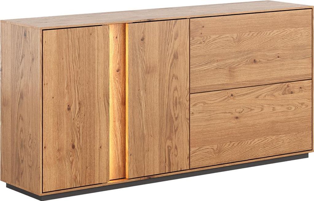 Wohnzimmer Sideboard mit 165 cm Breite in Eiche massiv geölt, 2 Türen, 2 Schubladen, inkl. LED-Beleuchtung - CARISOLO-163