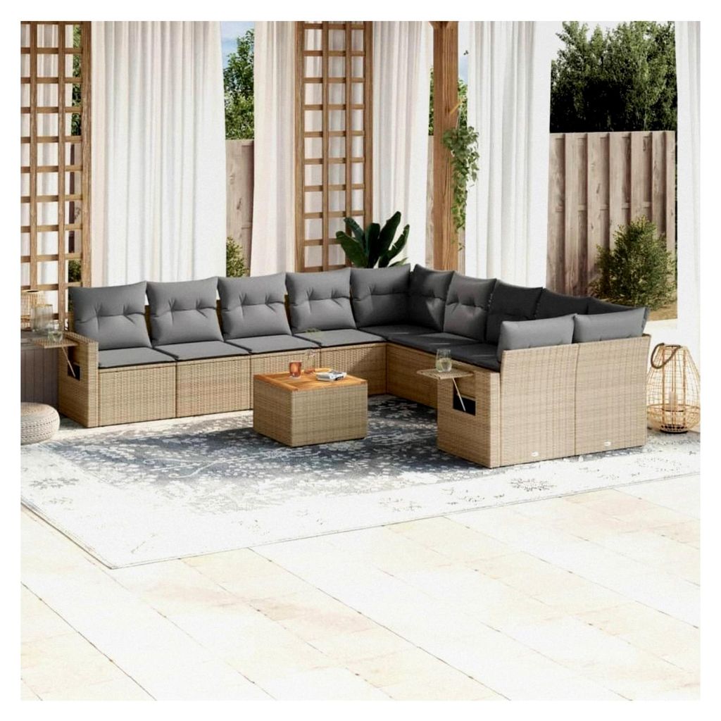 11-teiliges Gartensofa-Set mit Kissen in Beige aus Polyrattan-Mischung