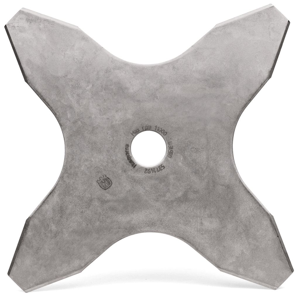 A four-bladed metal cutting disc for a brush cutter or string trimmer.