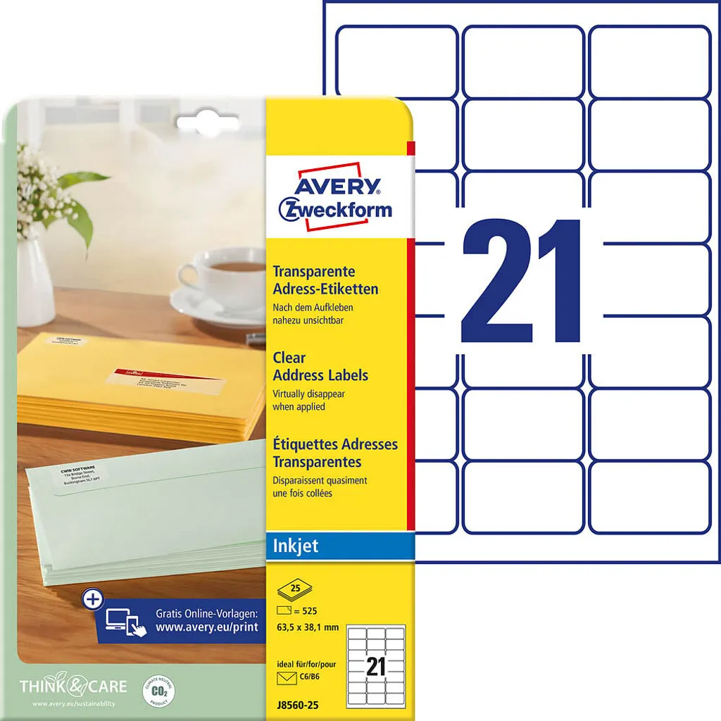 Avery J8560-25: 525 Etichette Trasparenti Professionali per Inkjet