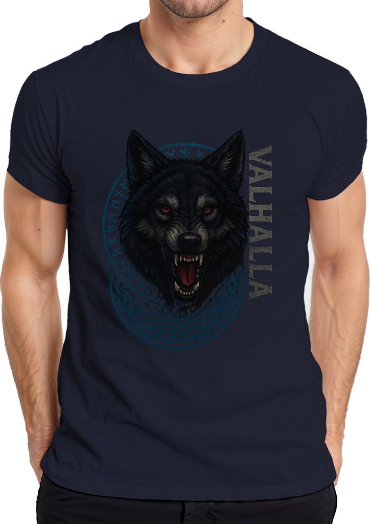 Wikinger Wolf Valhalla Runenkreis nordisch keltisch Fenrir Gothic Herren T-Shirt, Navy, 3XL