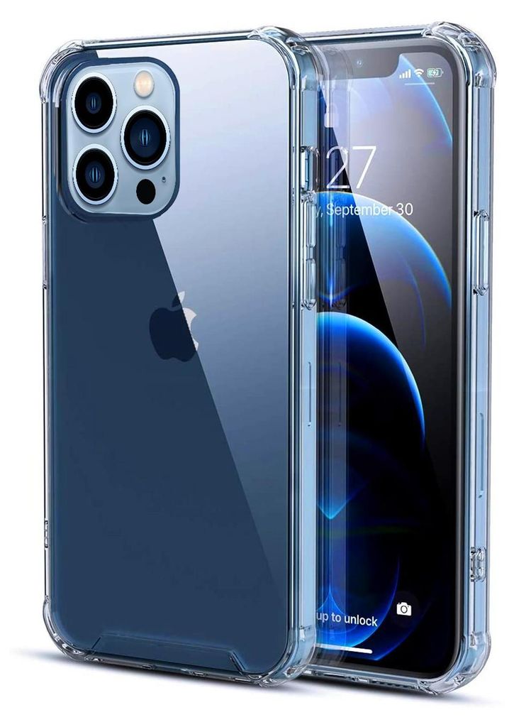 A clear, studio-like shot of an iPhone 13 Pro in a transparent protective case, showcasing its design and camera.