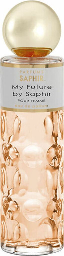 A perfume bottle with a gold cap and textured glass.