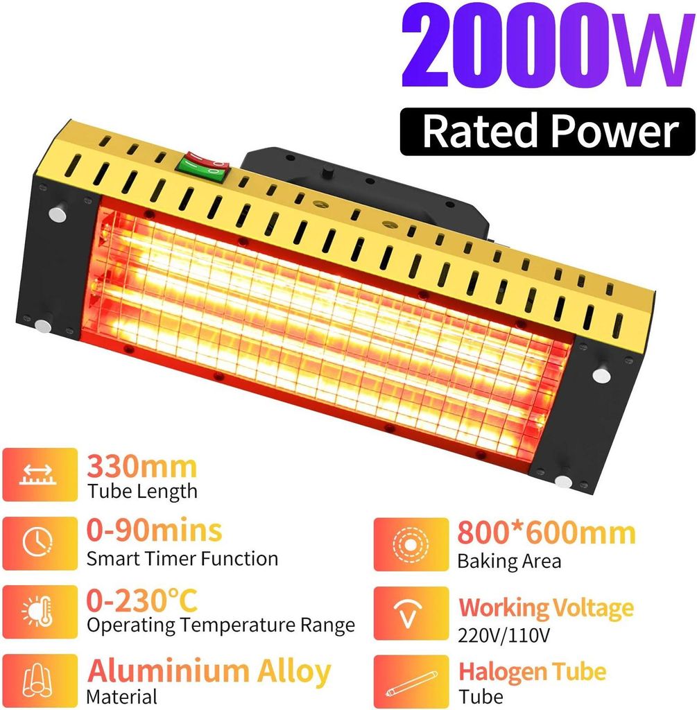 Kurzwellen-Infrarot Lacktrockner - DT-003 2000W - Kohlefaser-Heizröhre - Für Lackierkabine - 220V EU-Stecker - IR Lacktrocknung
