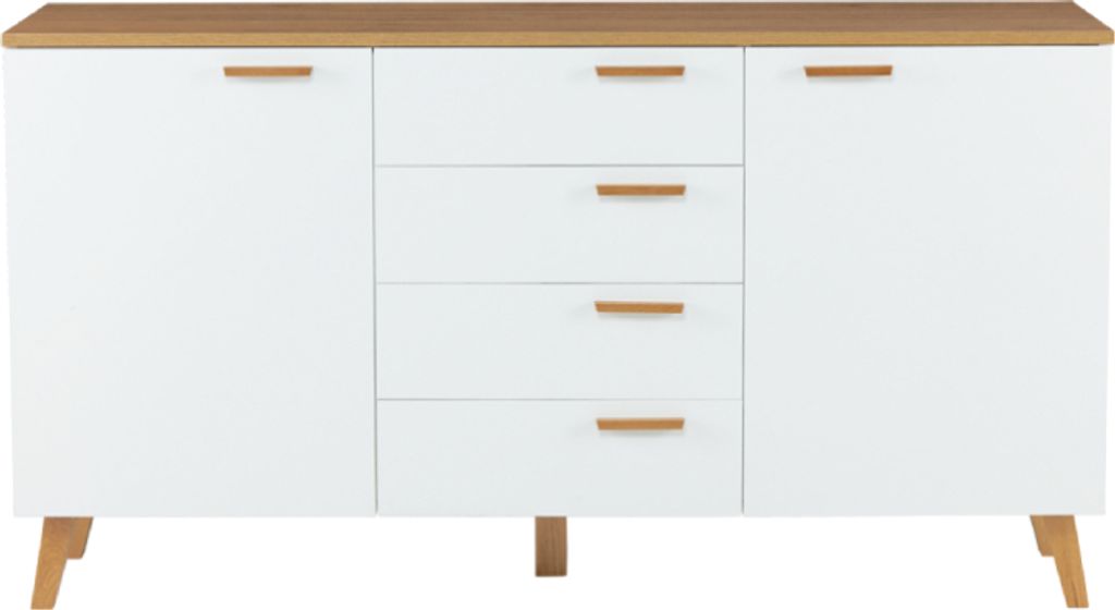 A white sideboard with a wooden top and wooden handles, shown against a white background.