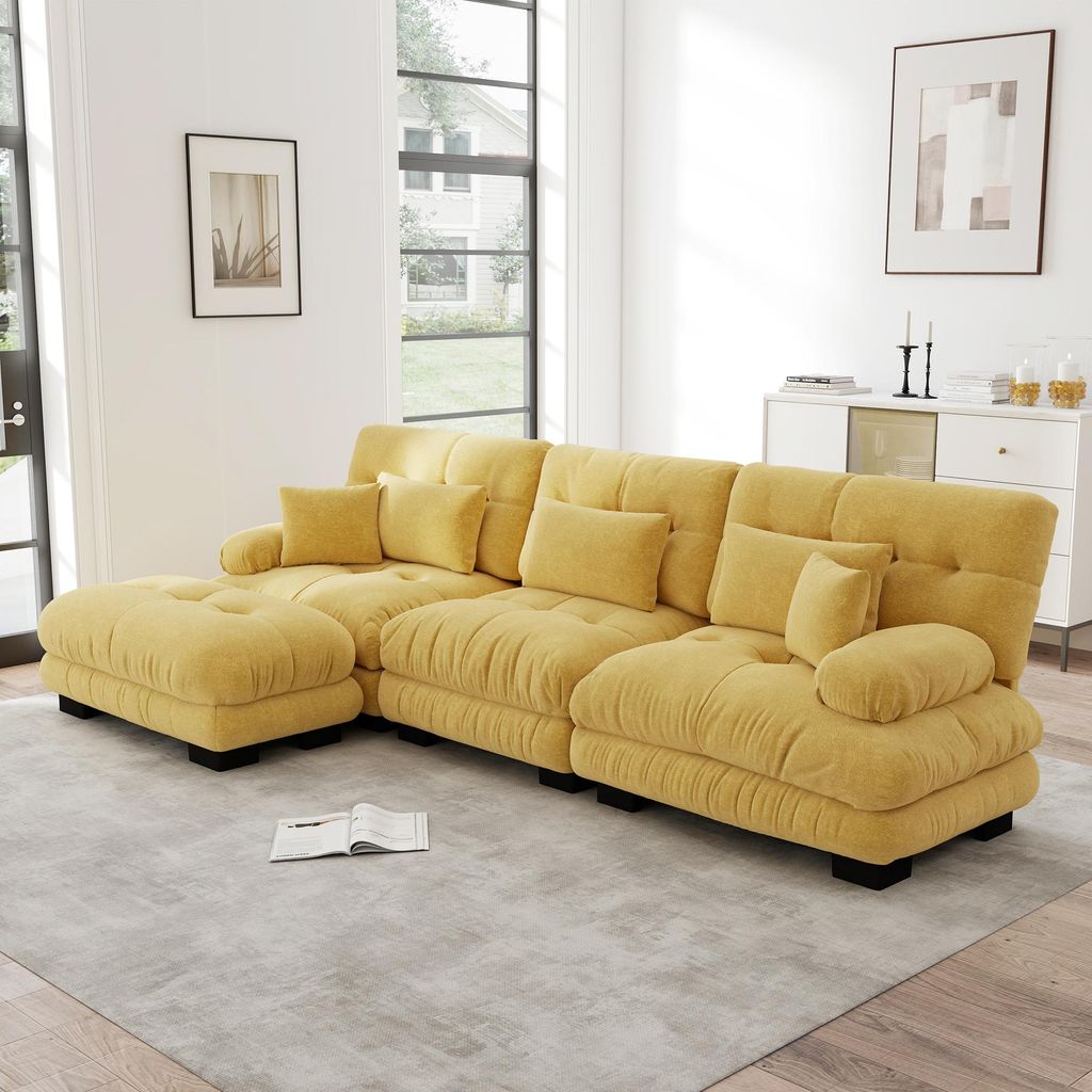s Modulares Ecksofa L-Form Cloud Couch Chenille Wohnlandschaft mit Ottoman Hocker tiefes umwandelbares Schlafsofa kein Aufbau Gelb