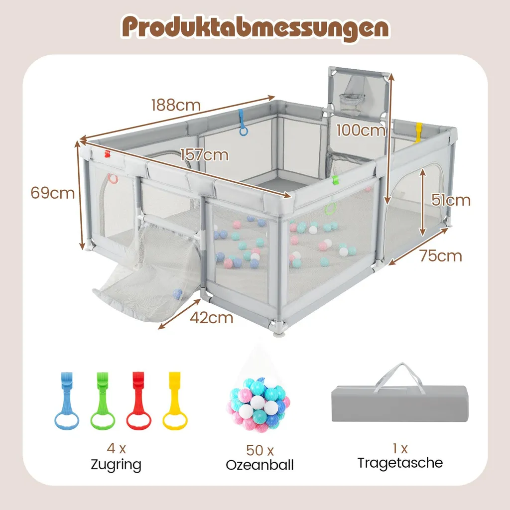 Parc bébé XL BB6402DE-HS 188 x 157 cm Gris Clair - Espace de Jeu Sécurisé
