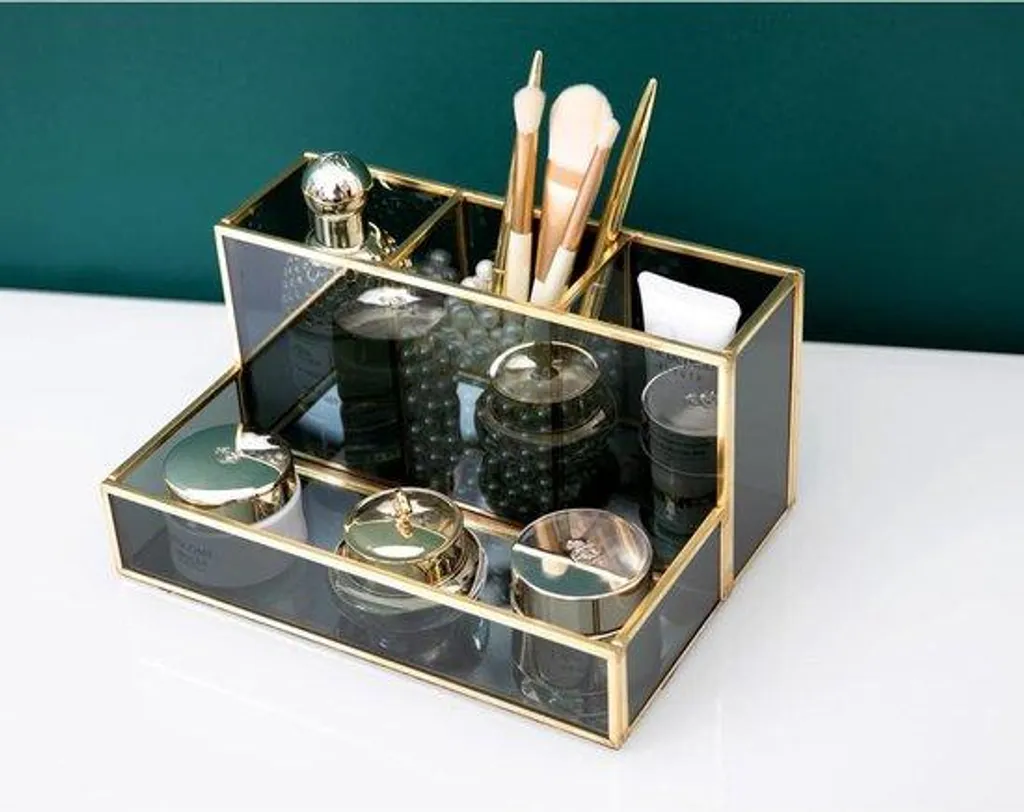 Organisateur de maquillage anti-poussière - Trousse verre noir et or
