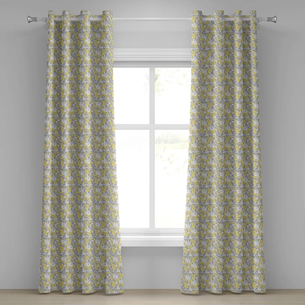 ABAKUHAUS Tenda con occhielli Luau, vegetazione hawaiana in fiore, composizione botanica astratta estiva, tende decorative a 2 pannelli, 280 cm x 225 cm, giallo pallido grigio chiaro