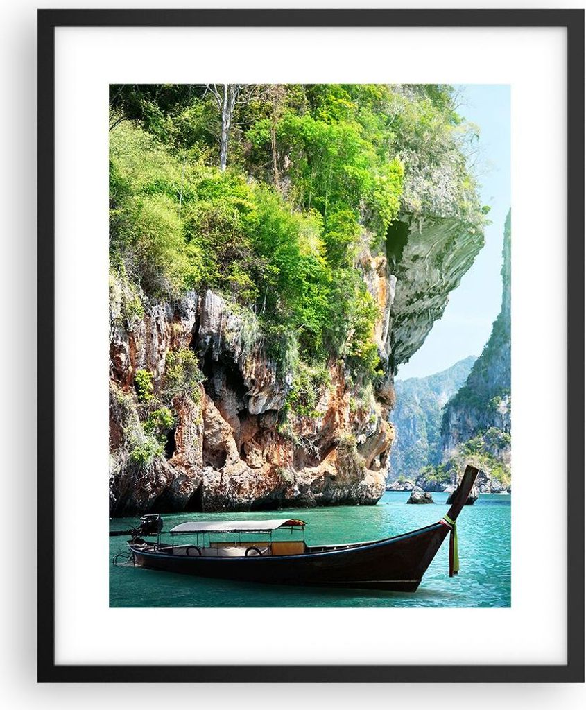 Gerahmtes Poster - Schwarzer Rahmen - Boot Klippen Natur Felsen - 40x50 cm - Wand Bild - Wanddeko - Wandbilder - Wandposter - Bilderrahmen - Bilder...