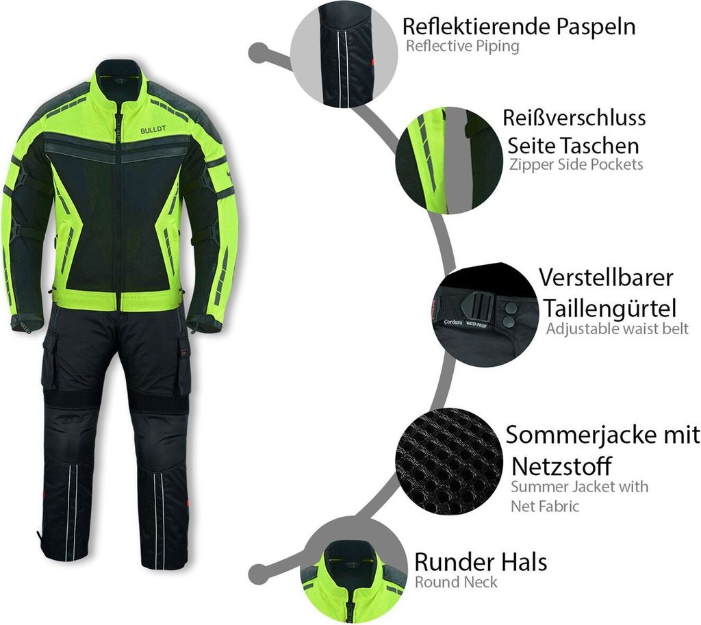 2-teilige Motorradkombi Aus Cordura (600D) – Wasserdicht, Mit Protektoren, Neon-Schwarz (Gr. 4XL)