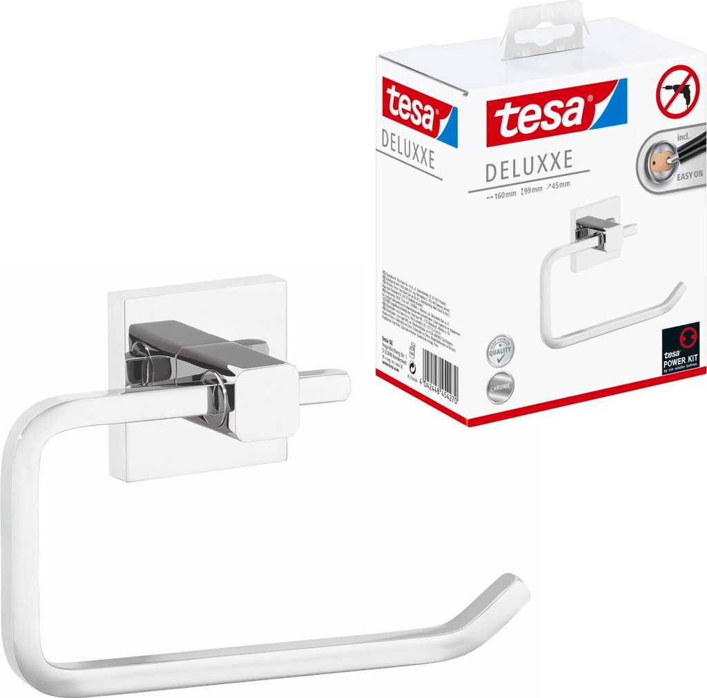 tesa Toilettenpapierhalter ohne Bohren - chrom glänzend - für die Wand - DELUXXE