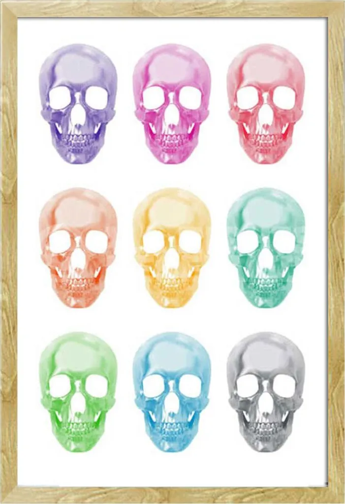 Tableau Skulls Pop Art encadré bois hêtre Shinsuke 61 x 91,5 cm pour salon