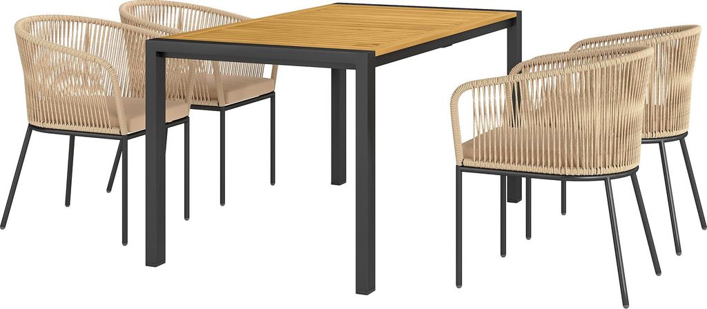 5-teiliges Gartenmöbel-Set, 4 Stühle + 1 Tisch, Kunst-Rattan, Stahlgestell, waschbare Kissen, wetterfest, für Terrasse & Garten, Khaki