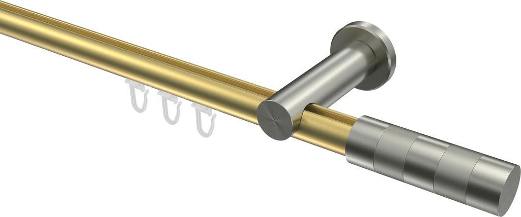 Interdeco Innenlaufstange / Gardinenstange mit Innenlauf Messing-Optik / Edelstahl-Optik, Typ Platon Mavell (Zylinder Bicolor), 20 mm Ø 1-läufig,...