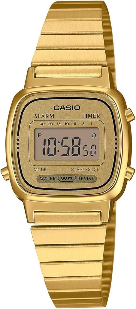 A close-up studio shot of a gold digital watch.