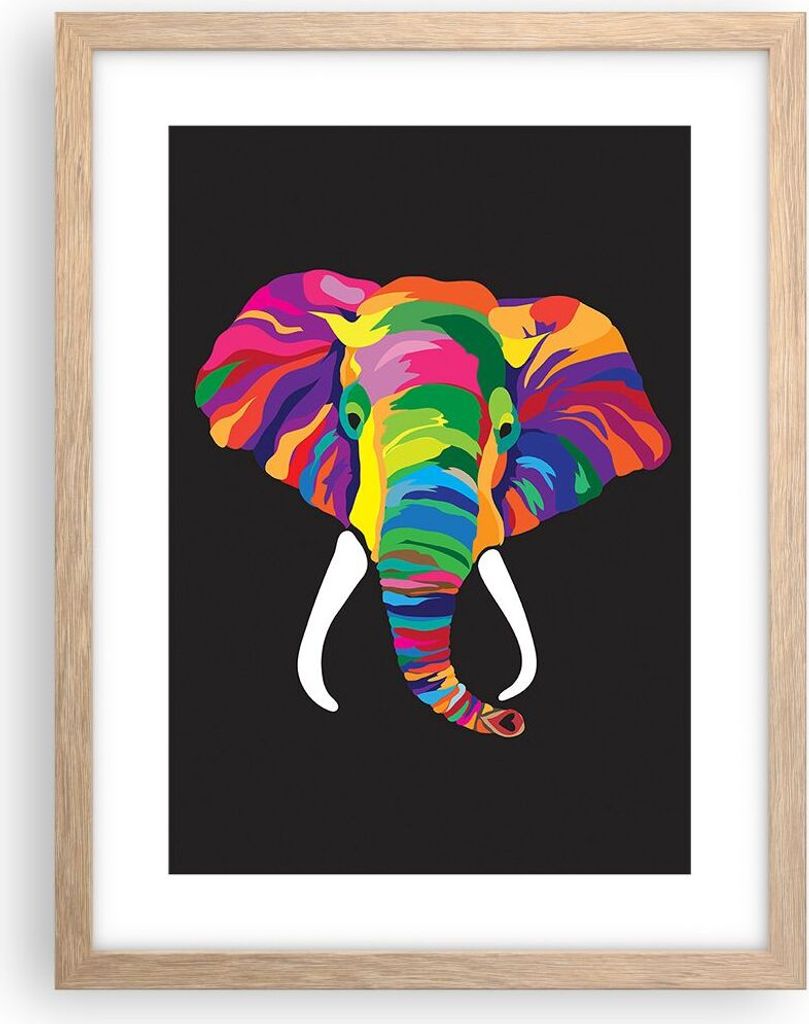 Gerahmtes Poster - Rahmen in heller Eiche - Elefant spaß bunt tier - 30x40 cm - Wand Bild - Wanddeko - Wandbilder - Wandposter - Bilderrahmen - Bi...
