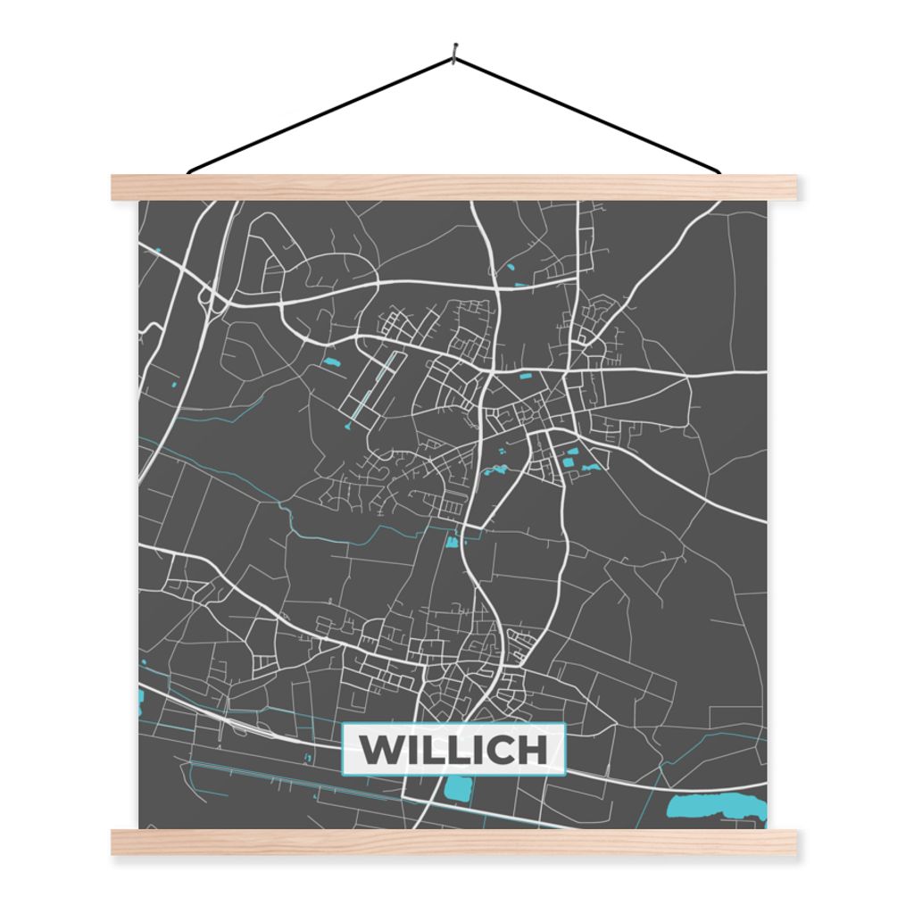 MuchoWow Textilposter Stadtplan - Deutschland - Blau - Willich - Karte 60x60 cm mit holzfarbenen Rahmen - Wanddekoration