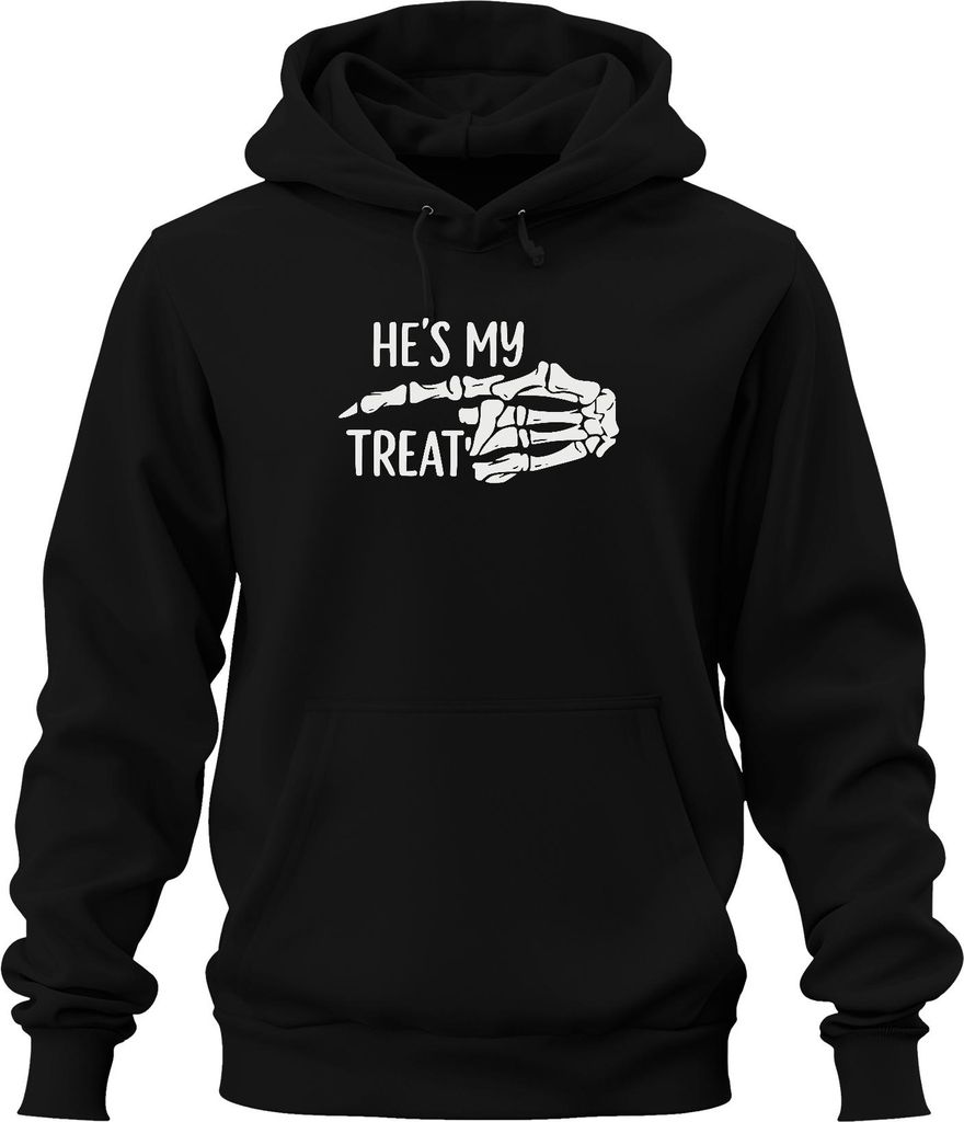 Halloween Skeletthand Paar Spruch He's my treat Lustig Partner Uni Hoodie Kapuzenpullover, Schwarz, S