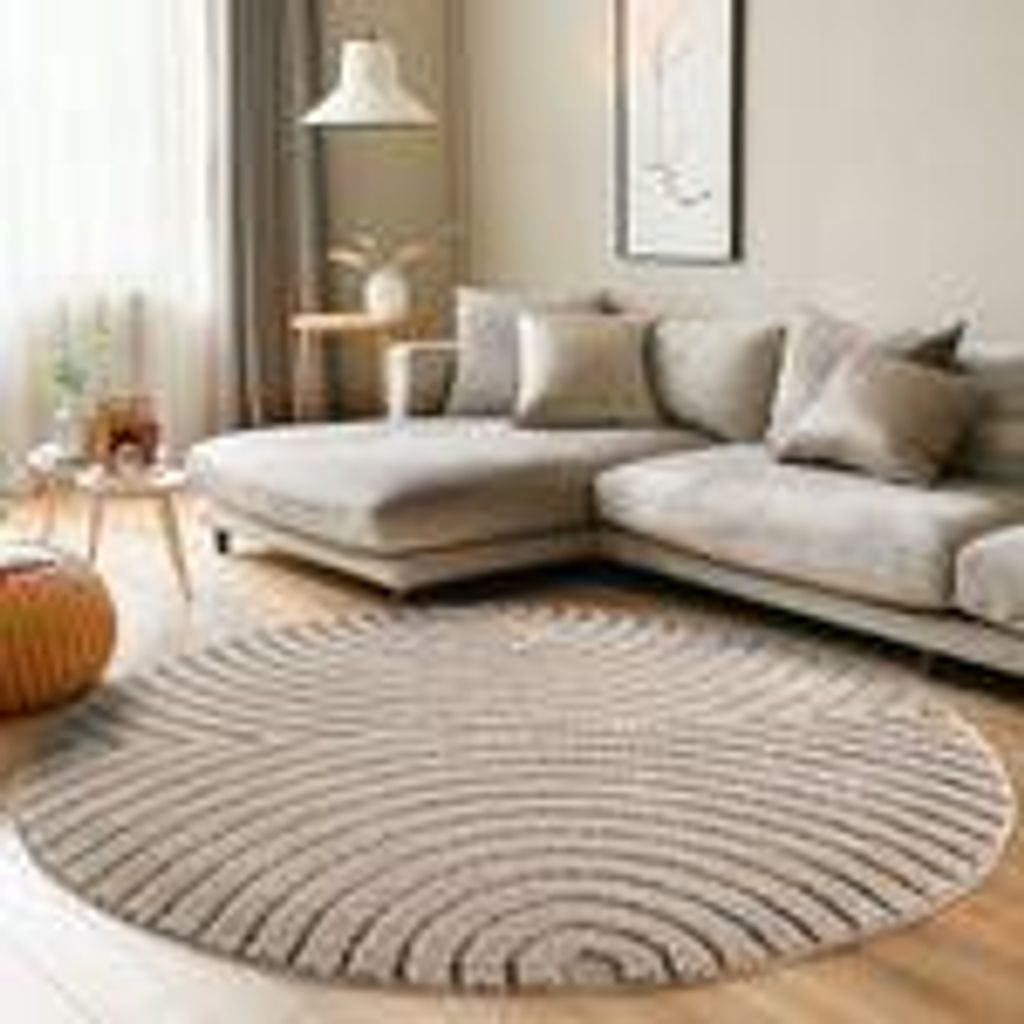 Skandinavischer Boho Wohnzimmerteppich mit Hoch-Tief-Effekt weich pflegeleicht modern langlebig kombinierbar , Größe : 200 cm Rund , Farbe : Beige-1