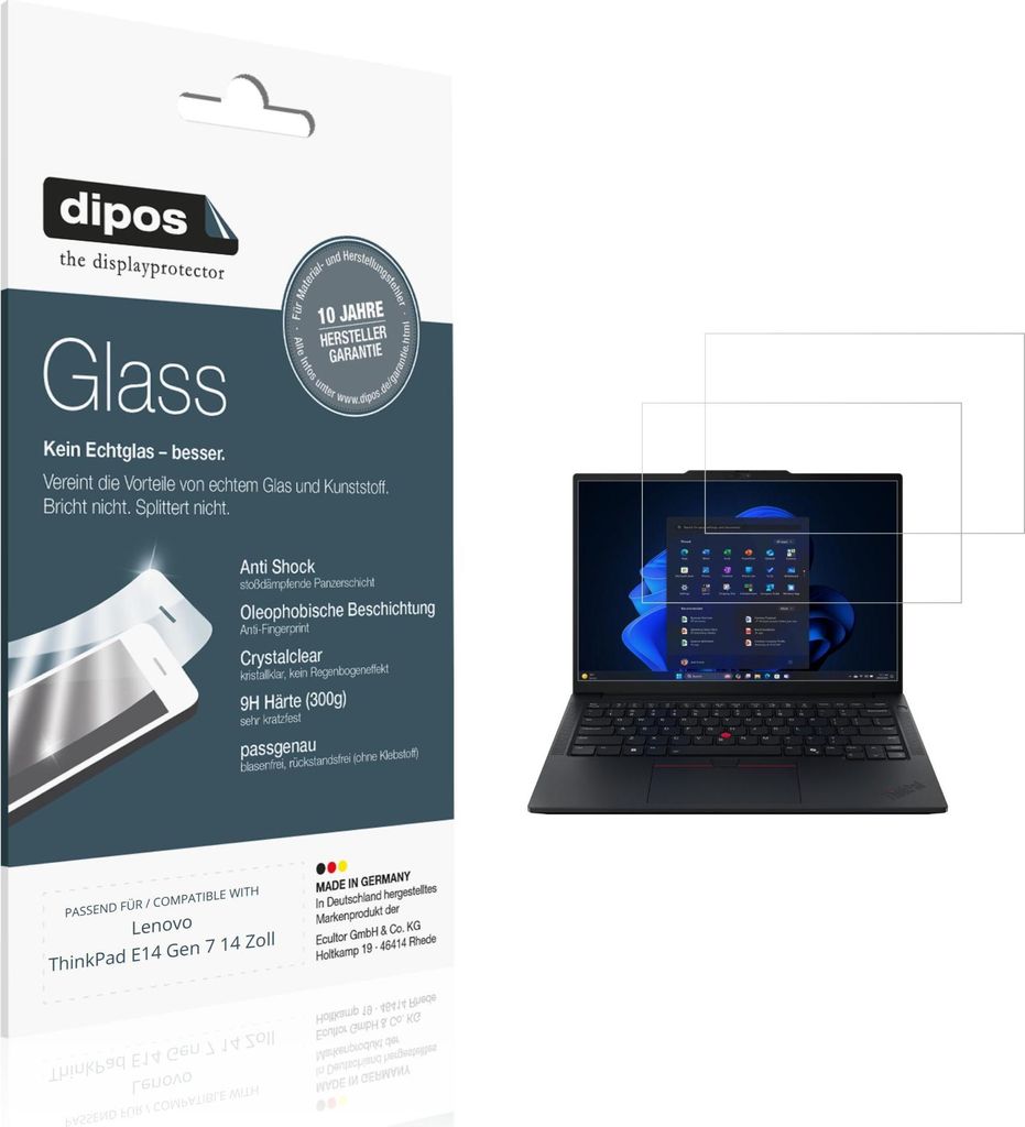 2x Schutzfolie für Lenovo Thinkpad E14 Gen7 14 Zoll - Anti-Shock 9H Folie dipos Glass Kunststoffglas