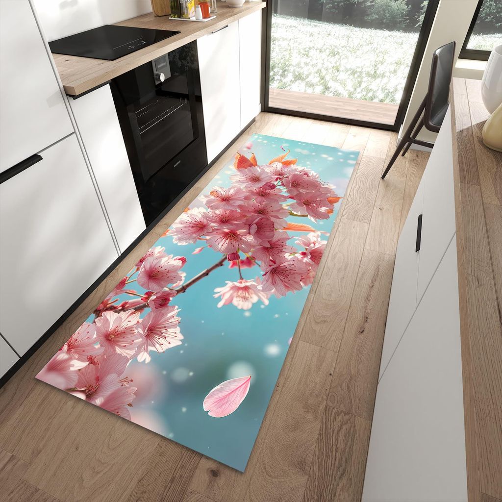 Küchenteppich 90x240cm rutschfest & abwischbar PVC Läufer - Kirschblüte Himmel