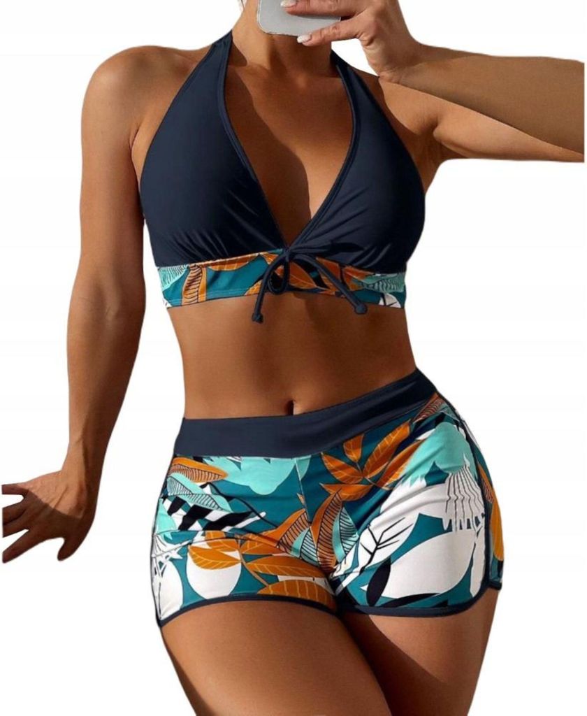 Badeanzug - Bikini mit Shorts - Zweiteiliger Badeanzug - für den Pool - Hoher Schnitt - Gebunden - Buntes Muster - Schwarz - L