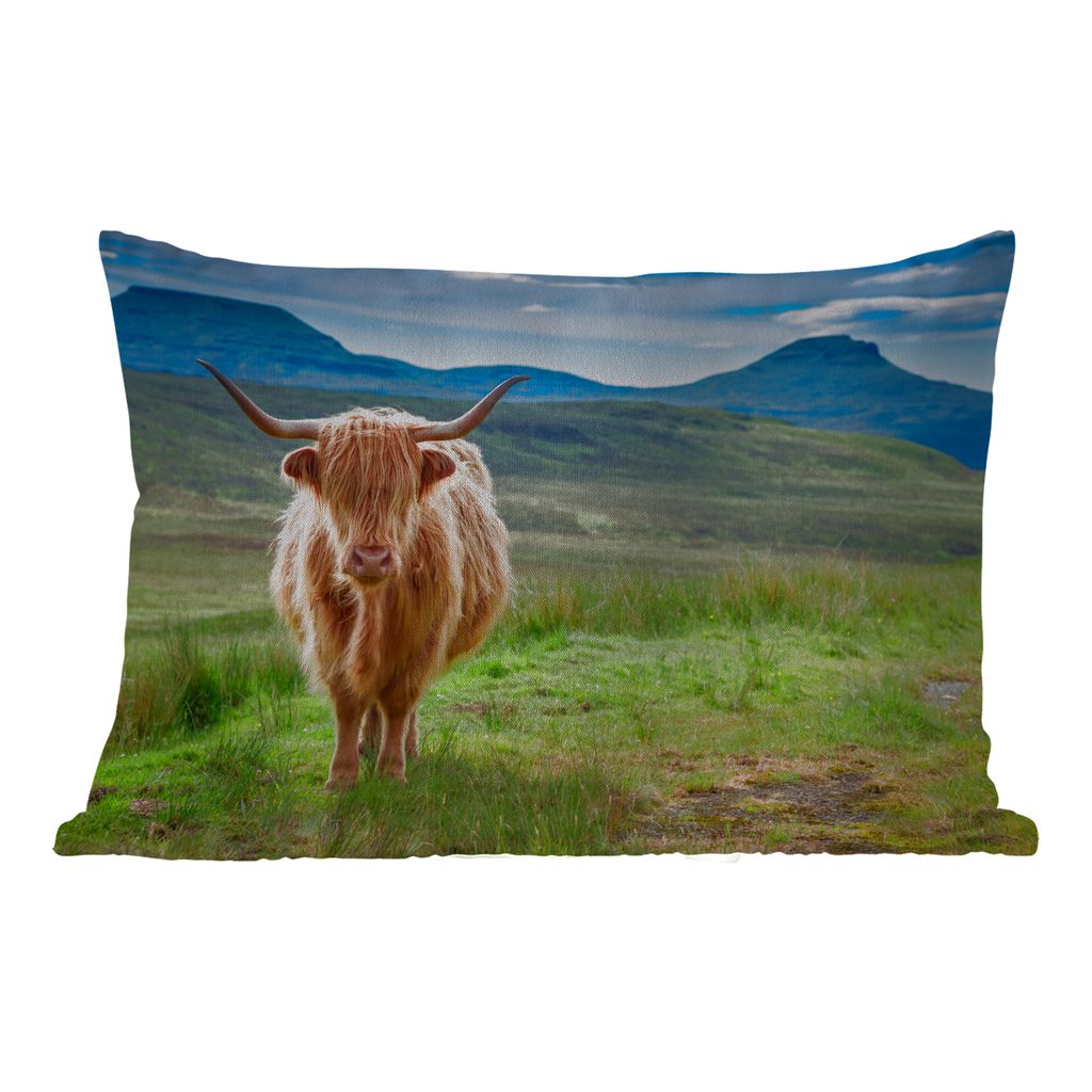 MuchoWow Outdoor Kissen - Schottisches Hochlandrind - Kuh - Natur - Berg - Gras - 50x30 cm - Wetterfest - Lounge Kissen - Sofa kissen - Wohnzimme...