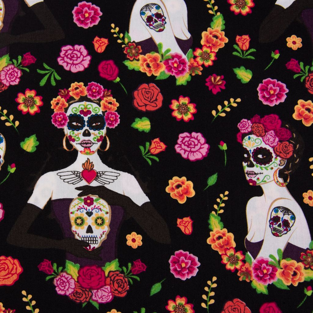 Baumwollstoff Totenkopf Blumen schwarz pink bunt 1,42m Breite