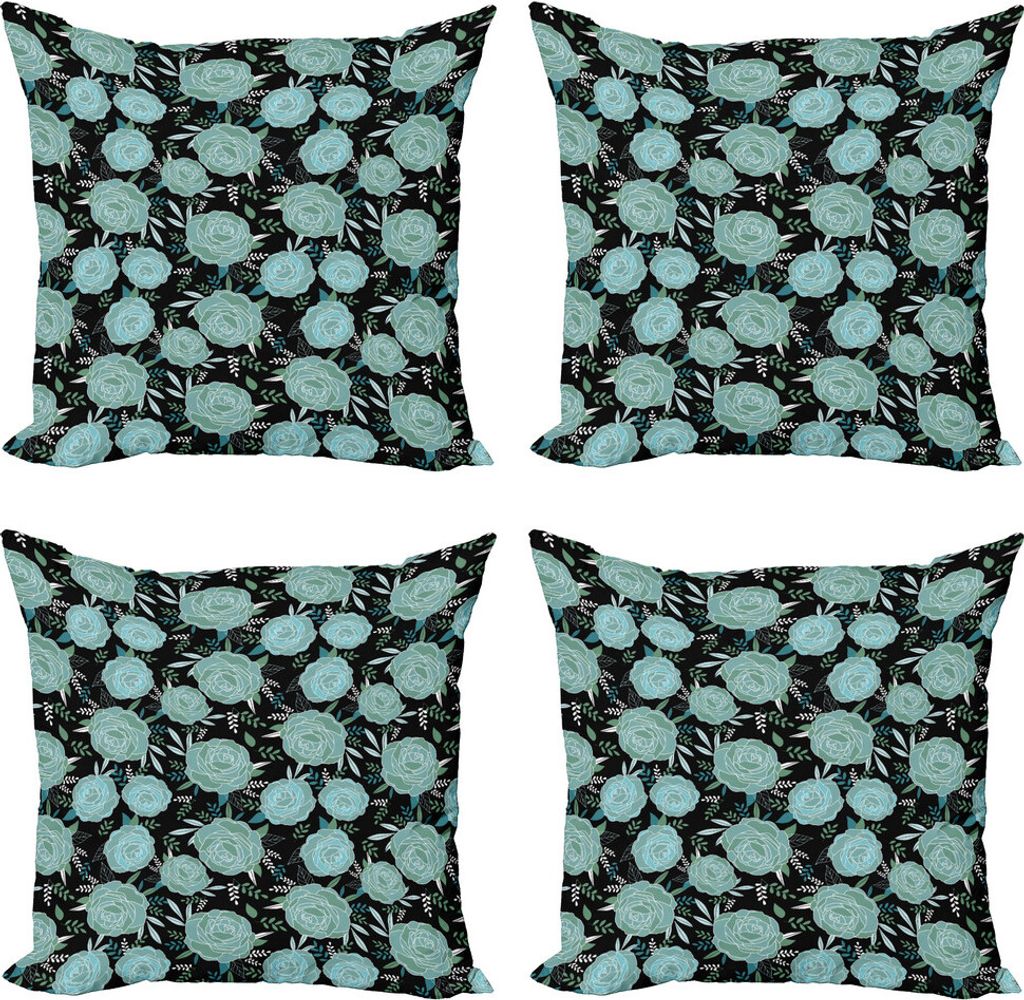 ABAKUHAUS Blumen Kissenbezug Set (4 Stück), Vintage Style Budding Roses, Moderner Doppelseitiger Digitaldruck, 60 cm x 60 cm, Charcoal Grey Pale Teal